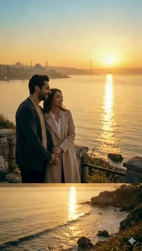 the couple standing peacefully watching sunrise, soft wind movement, emotional cinematic atmosphere, gentle camera push forward, dreamy golden lighting - subtle cinematic movement, soft emotional moti