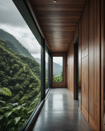 (a corridor interior: 1.3) of an modern house, round lines, 3d optic of a close up from a modern microchip, Industrie art, digital art, modern art, nature friendly, jungle mountain view outside window