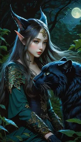night, dark forest, beautiful elf, beautiful eyes, beautiful lips, beautiful long hair, riding a panther, night moths,a girl with a black cat standing near a wolf,elona,fantasy picture,elenore,fantasy