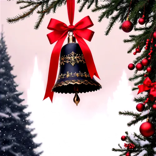 Snowy Christmas scene, festive decorations, twinkling lights, ornaments, garlands, wreaths, red ribbons, golden bells, snowflakes gently falling, misty atmosphere, soft focus, warm color tone, shallow