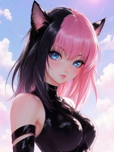 Very cute female half human cat woman, black and pink hair , blue eyes, beautiful background. Pouty


,an anime girl with cats ears and pink hair,cat ears,pink cat,panther,feline,smug,kittenish,rem,ki
