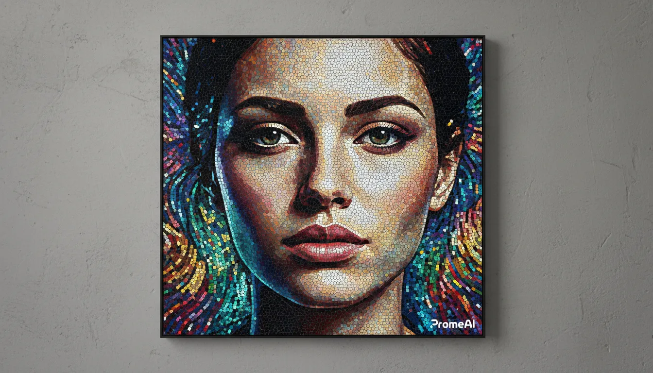 Un'opera d'arte a mosaico fotorealistica creata da PromeAI, che mostra un ritratto dettagliato composto da migliaia di piccole e colorate tessere digitali.