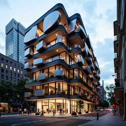 Deconstructed building facade, fragmented forms, irregular shapes, unconventional structures, abstract geometries, clashing materials, vibrant color contrasts, distorted reflections, dynamic lighting 