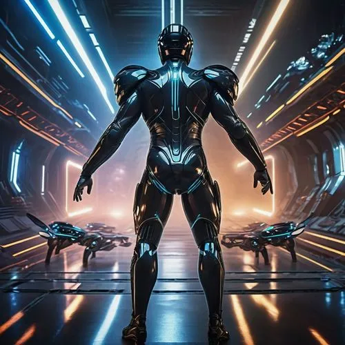 Erzeuge ein Bild, das eine futuristische Szene darstellt:

Ein muskulöser Mann, vollständig gekleidet in einen glänzenden schwarzen Latexbodysuit, wird in einer mystischen, technologischen Umgebung ge