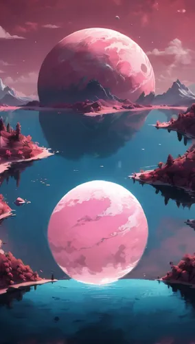 On the lake, a dreamy pink planet, modeling and rendering, super fine, super realism, C4D,a surreal landscape with two giant pink spheres,alien planet,lunar landscape,futuristic landscape,alien world,