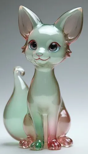 [Fox] figurine by glass, in the style of layered translucency, [green] and [pink], Light], 20 megapixels, transparency,there is a little green figurine that has a cat on it,glass yard ornament,frog fi