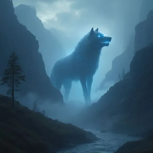"A colossal, mythical wolf emerging from dense fog in a dramatic mountain valley. Its fur glows with an ethereal blue light, and its eyes shine like stars. The landscape is dark and moody, featuring t