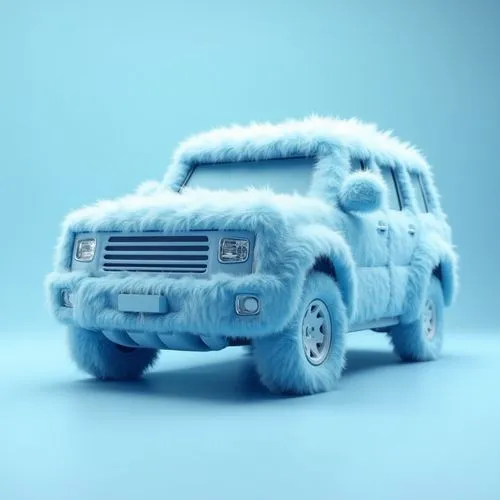 Studio shot of a new light blue all terrain vehicle fully covered with fluffy blue fur, car is very realistic, the entire body is covered with fur, while other parts are not, you can see the whole car