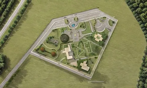 render this site plan use materials like concrete , asphalt , stone and brick pavers and different trees like neem, banyan amalatas. colour the grass green and parking area paved. keep the text intact