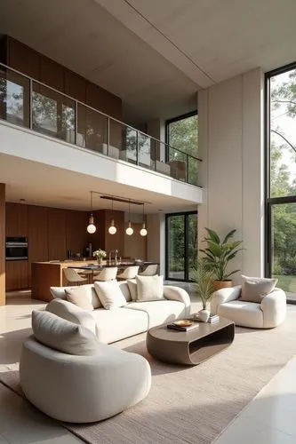 A modern loft with an open-plan design, featuring a double-height living space with floor-to-ceiling windows that flood the interior with natural light, the lower level includes a spacious living room