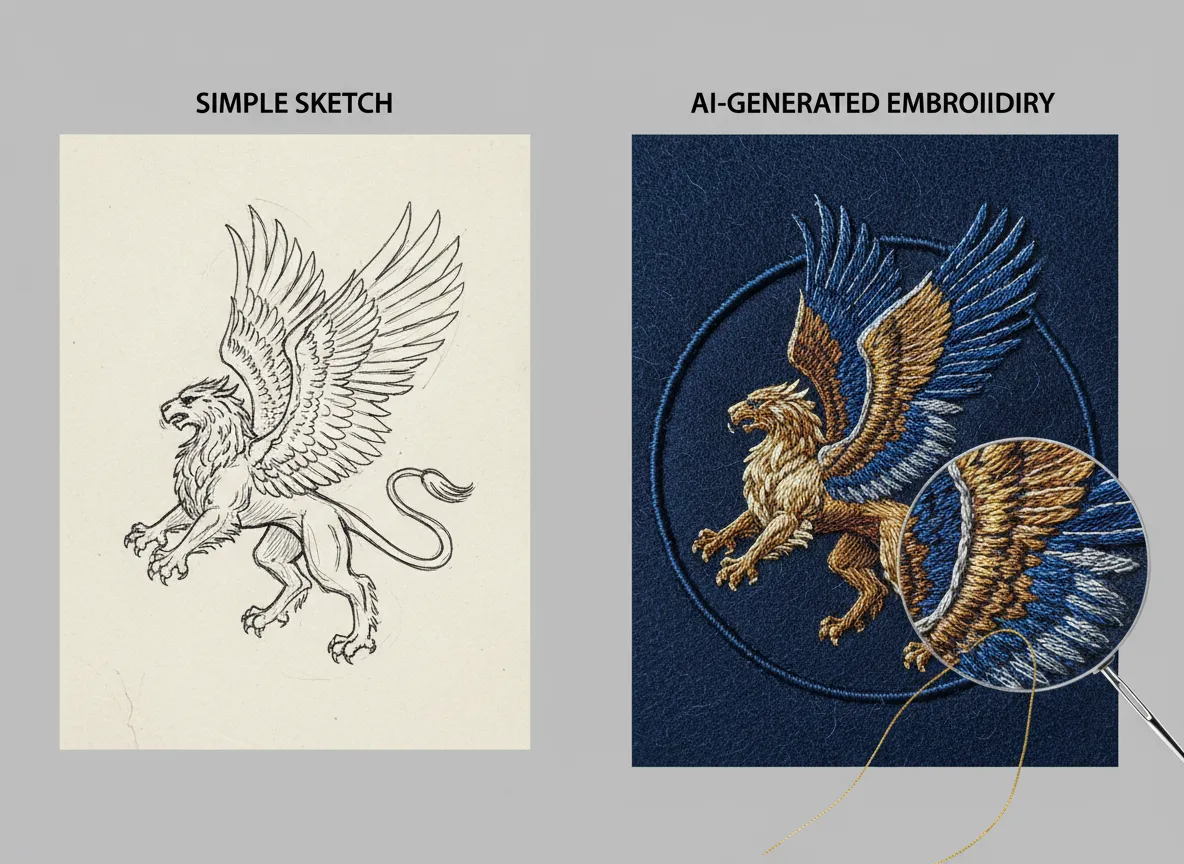 एक साधारण स्केच और परिणामी एआई-जनित कढ़ाई डिज़ाइन दिखाते हुए साथ-साथ तुलना, जिसमें यथार्थवादी धागे के विवरण पर जोर दिया गया है।