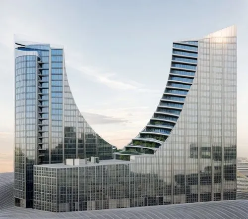 aerial view,distant shot,office building mid rise,commercial building complex,Curved style,Futuristic style,zaha hadid style,roof garden,modern facade,vertical frame,streets,light details,plaza,commer