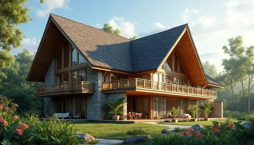 A beautiful one-story modern tropical house with a steep pointed roof, elegant wooden balcony, large glass windows, spacious veranda, natural stone walls, surrounded by lush green garden and colorful 