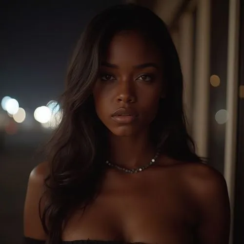 Mujer delgada, joven de ébano, morena, cara ovalada, pelo largo, pelo liso, fuera de un club, seria, salida nocturna, pechos pequeños, piel de ébano, ropa ajustada, top de tubo, blusa transparente, no