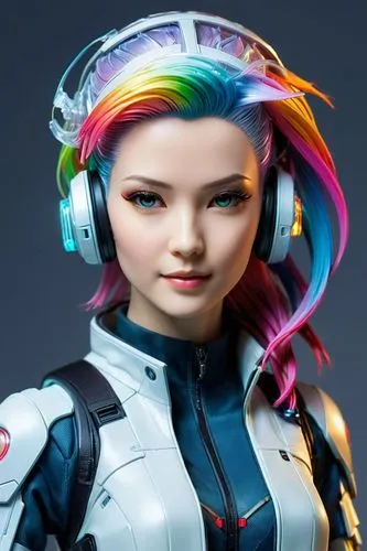 Beautiful Japanese fashion model with rainbow hair and preppy casual wear, ethereal dreamy mist, posing in a fashion pose. Kinship Magazine. Gentle smile,a woman with headphones on with a sci - themed