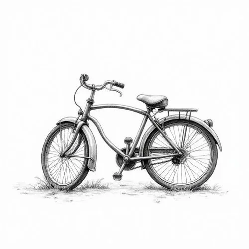 A black and white ink drawing of a classic-style bicycle, rendered with a slightly sketchy, hand-drawn aesthetic. The bicycle is shown in a three-quarter view, angled slightly to the right. The bicycl