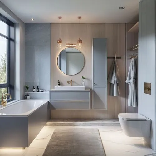 luxury bathroom, bright accents, grey cabinet, grey cupboard, high quality materials, interior visualisation,a bathroom with a large circular mirror and a big sink,modern minimalist bathroom,luxury ba