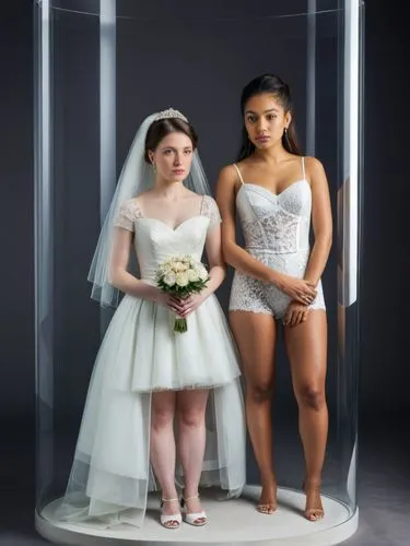 Bridal couple in a glass cylinder,two girls wearing wedding dresses standing beside each other,wedding photo,quinceaneras,wedding dresses,bridewealth,brides,quinceanera,Photography,Black and white pho