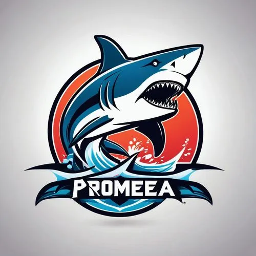 Logo for Promeai on the theme of shark attack full body, side view, e-sport logo, ed mcguinness style, bold contour,logo header,remora,north sumatra,logodesign,pioneer badge,logo,promontory,the logo,v