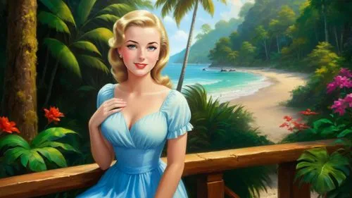 Romantic masterpiece oil painting, cute girl portrait, nostalgic 1950's style kitsch, vibrant rainforest landscape, lush tropical jungle paradise, summer beach cottage scenery, by Thomas Kinkade, by B