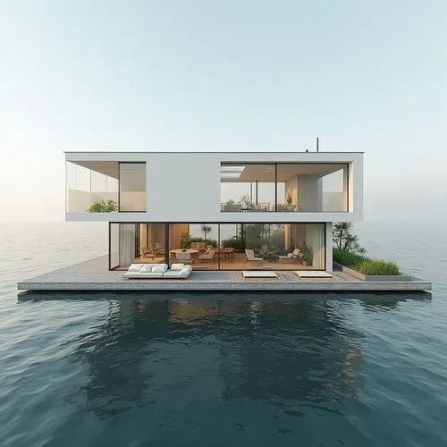Design a villa powered by tidal energy, with a floating design and a minimal environmental footprint,a house with an open air floor is in the ocean,house by the water,floating huts,floating island,hou