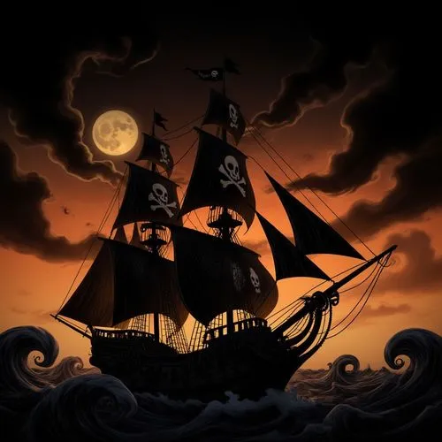 A gothic stop-motion fantasy scene inspired by The Nightmare Before Christmas, in vertical 2:3 composition, featuring a haunting pirate ship with towering black curling sails crossing a wild sea benea