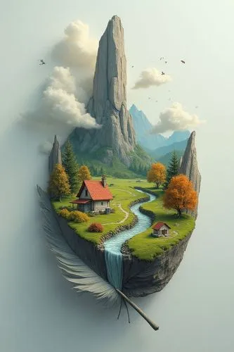 A surreal and whimsical composition of a large, detailed feather containing an entire miniature landscape within its curves. Inside the feather: a peaceful countryside with a small red-roofed cottage,