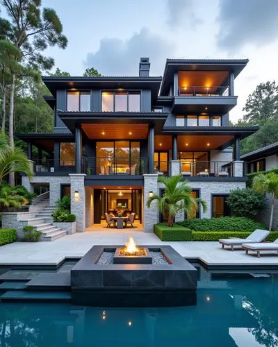 Develop a villa with a rooftop tennis court, an underwater entertainment room, and a fire pit lounge.,a modern house sits on top of a lake,luxury home,crib,beautiful home,modern house,luxury property,