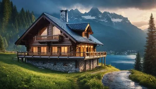 Digital photography. Digital art. Rainy day, rain. Sunset, lake blue background, fog and rain. Alpine small cozy wooden house (chalet) in the forest. Mountains in the distance. There is a wet road nea