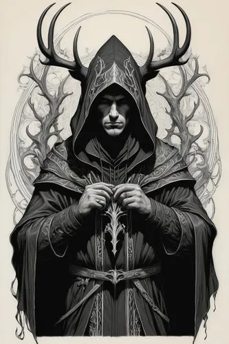 Black and white sketch of a cloaked and hooded male master of games with themes of nature and horns and antlers.,hooded man,druids,death god,reaper,grimm reaper,zodiac sign libra,oryx,dodge warlock,cl