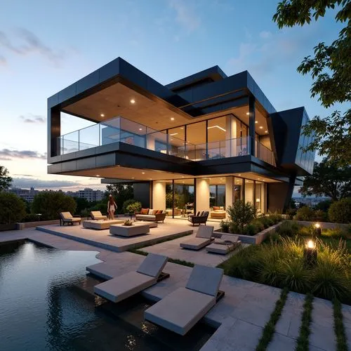 Exquisite modern villa, angular steel beams, reinforced concrete foundations, sleek glass facades, cantilevered roofs, dramatic overhangs, minimalist interior design, polished marble floors, industria