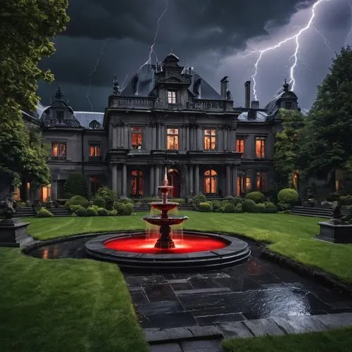 atmosphere of dread and mystery, Dark Materials Red Lightis Architectual combination of safety and Danger in a Building black stone, Storm, lightning, dark future, horror refuge intact residence, nice