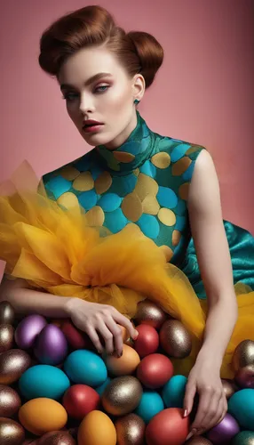 (((photographic, photo, photogenic))), extremely high quality high detail RAW color photo, editorial fashion shot, (Easter egg pattern:1.5) dress, haute couture, dynamic modeling pose, wide-eyed wonde
