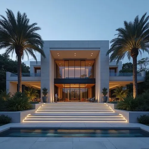 A hyper-realistic, high-resolution architectural photograph capturing a grand, ultra-modern luxury mansion at twilight. The building’s façade is composed of smooth white stone panels contrasted with s