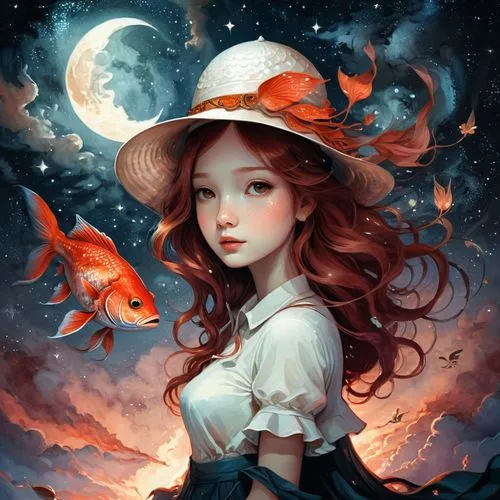 A detailed digital illustration of a great red fish in the night sky. The focal point is the large brown scales of the fish, with the human hand on the roof and the woman who wears a white hat sitting