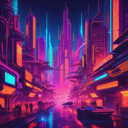 Imagine a futuristic city illuminated by dark orange neon lights.,cityscape,colorful city,cyberpunk,futuristic landscape,metropolis,fantasy city,futuristic,80's design,neon arrows,city,urban,tokyo cit