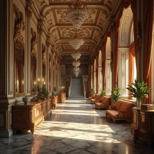 Ornate school corridors, grand staircases, marble floors, intricately carved wooden panels, gilded frames, crystal chandeliers, luxurious velvet drapes, ornamental mirrors, Baroque-inspired furniture,