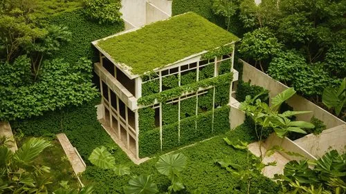 green creepers pending from the walls of a villa. villa in the middle of a tropical garden ,eco-construction,grass roof,cubic house,green living,house in the forest,greenhouse,green garden,eco hotel,f