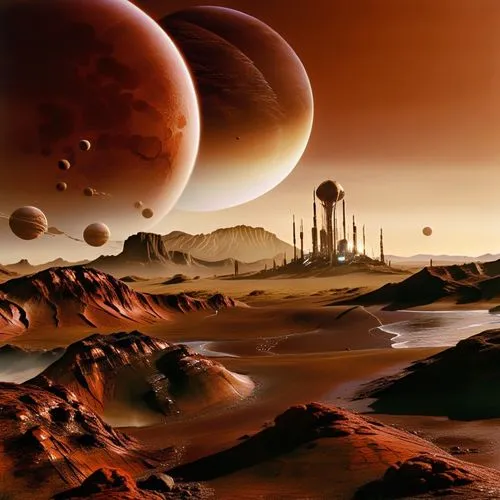 several distant planets and their life size structures sit in a desert landscape with water,red planet,alien planet,futuristic landscape,lunar landscape,barsoom,gallifrey,planet mars,cydonia,extrasola