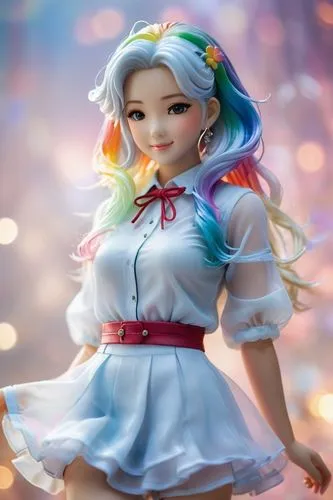 Beautiful Japanese fashion model with rainbow hair and preppy casual wear, ethereal dreamy mist, posing in a fashion pose. Kinship Magazine. Gentle smile,a doll wearing a blue dress and colorful hair,