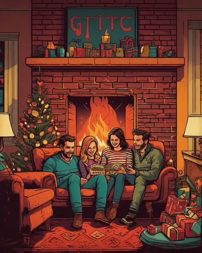 Write a heartwarming story about a family gathering around a cozy fireplace and exchanging furniture as gifts.,modern christmas card,retro christmas,christmas scene,christmas family,christmas picture,