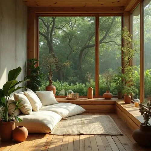 A cozy and serene indoor lounging space filled with natural light, featuring floor-to-ceiling wooden-framed glass windows that open up to a lush green forest view, the walls are made of raw textured c