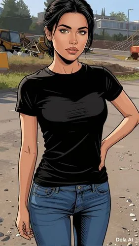 comic Style, art by jimm lee :
Latin woman with Mexican features, gold-brown eyes.,
,an artistic image of a woman on a beach,comic style,airstrips,comic character,jeans background,game illustration,