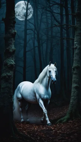 In a dark forest, a ghostly white horse appears under the moonlight.,a white horse,white horse,albino horse,white horses,unicorn art,arabian horse,equine,horseman,unicorn background,black horse,dream 