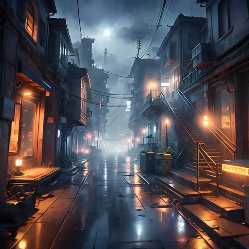 alleyway,old linden alley,alley,narrow street,visual effect lighting,game art,atmosphere,blind alley,rescue alley,atmospheric,black city,development concept,destroyed city,concept art,street lights,st