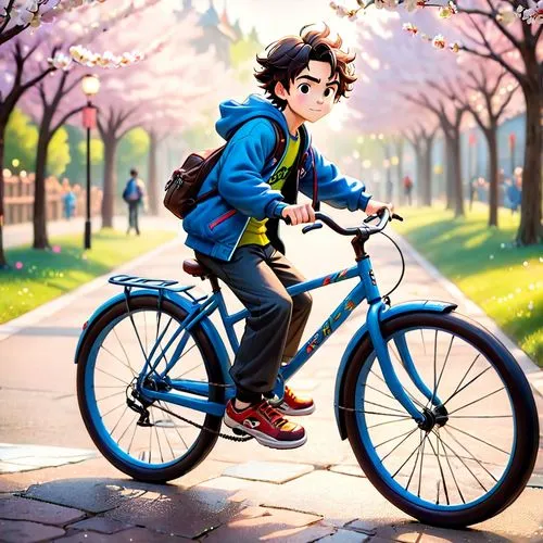 japanese style, manga, realistic,colors,spring,bike,a boy on a blue bike next to the grass and trees,biking,bicycle,bicycle ride,bike,bicycling,bike ride,Anime,Anime,Cartoon