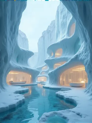 A monumental ice palace built within the heart of a towering glacier, featuring jagged crystalline structures that shimmer in the light. The buildings are formed from translucent ice blocks and froste