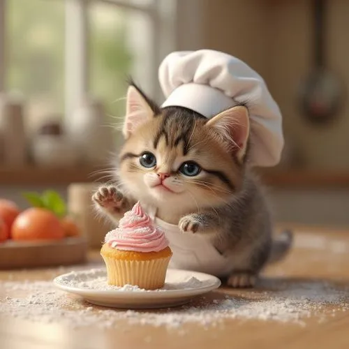 Ultra-photorealistic 3D render of a tiny, fluffy calico kitten wearing a miniature white chef's toque and apron, its paws dusted with flour, proudly presenting a perfectly baked miniature cupcake with