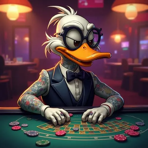 Um pato antropomórfico de estilo caricatural, com um sorriso misterioso e um olhar estreitado, vestido com tatuagens modernas nos braços e óculos de Julieta, elegantemente vestido. Ele está em um cass