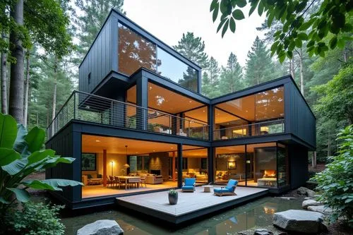 Design stunning glass-walled retreats harmonizing nature with modern elegance.,a large black house sitting on top of a river,forest house,house in the forest,modern house,cubic house,modern architectu